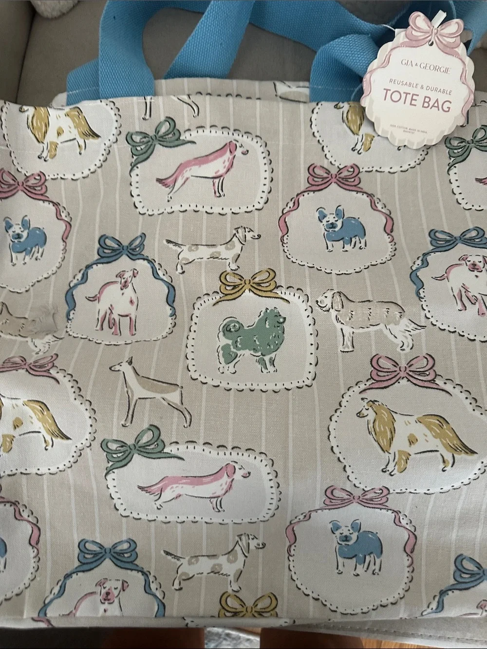 Gia&Georgie reusable Beige dog  Print Tote Bag with Blue Handles BNWT